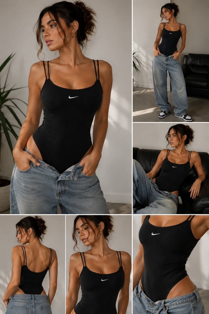 Nike Black Embroidered Swoosh Thong Bodysuit Cami Stretch NWT Women's M